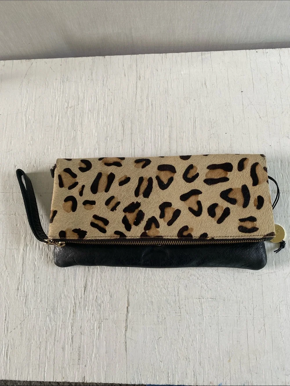 Leopard Calf hair leather Foldover Wristlet Clutch - Black & Tan